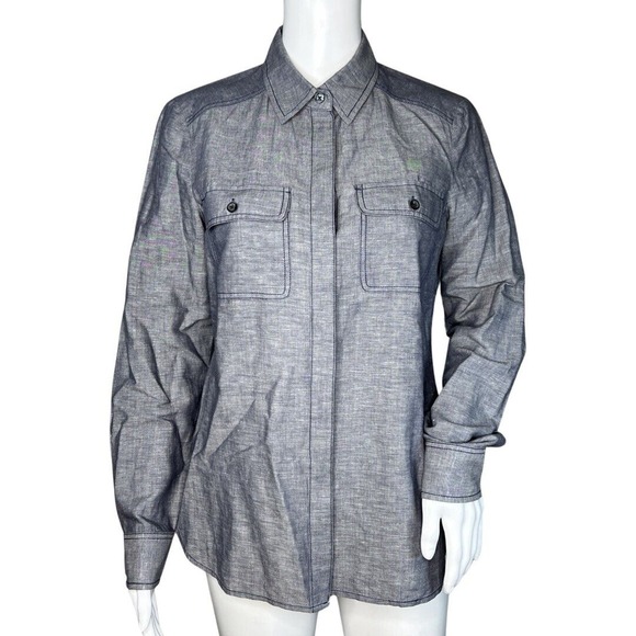 Ann Taylor Shirt Womens 4 Blue Sheen Linen Blend Neutral Basic Casual Minimalist - Picture 1 of 6